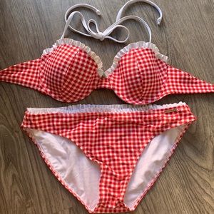 Red gingham frill cute bikini set